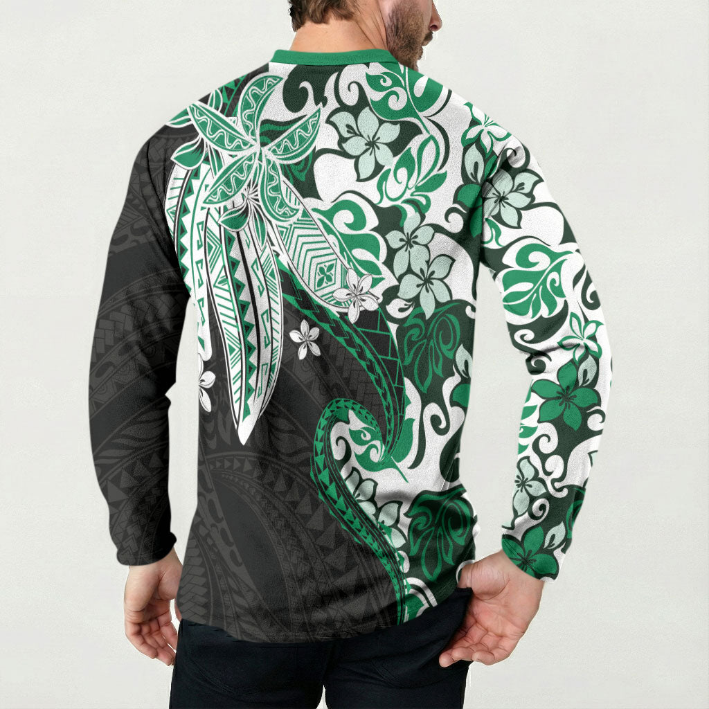 Monstera Plumeria Flowers Green Button Sweatshirt Polynesian Pattern