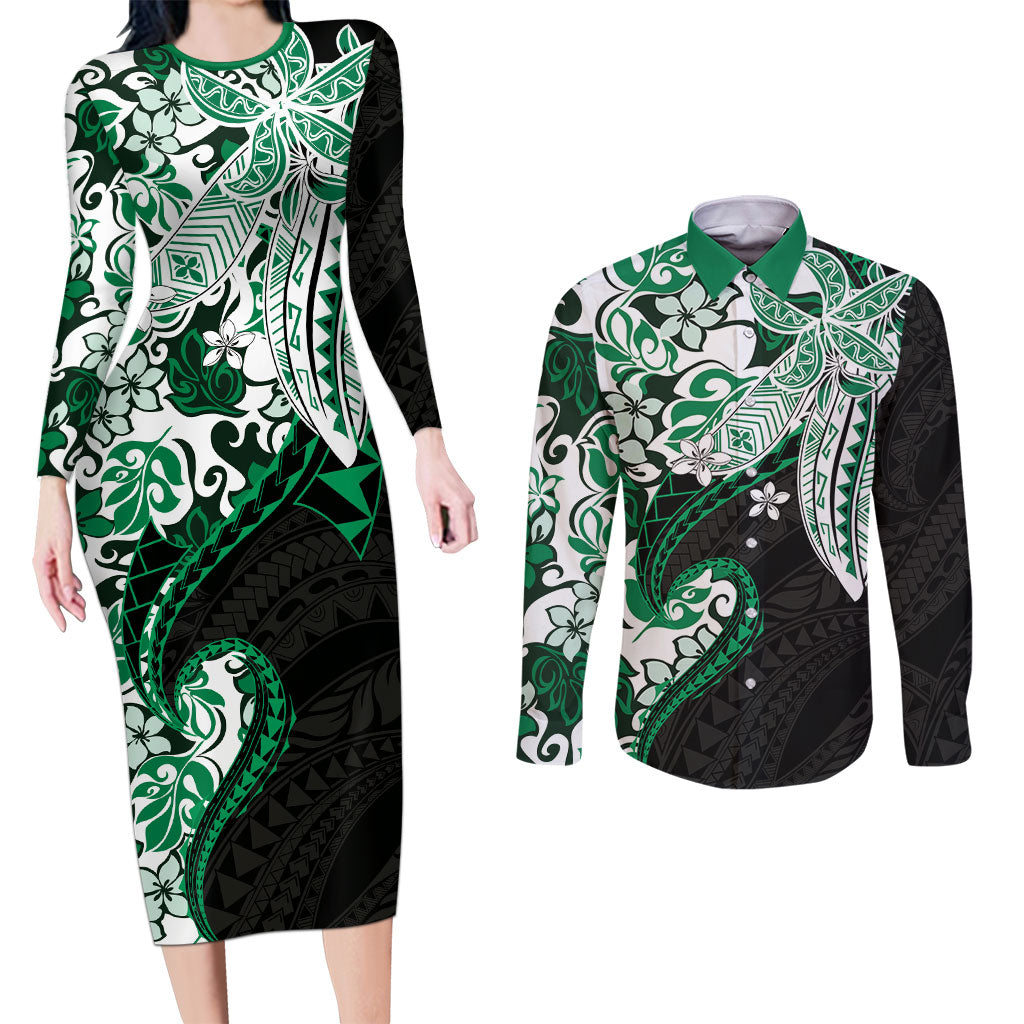 Monstera Plumeria Flowers Green Couples Matching Long Sleeve Bodycon Dress and Long Sleeve Button Shirt Polynesian Pattern