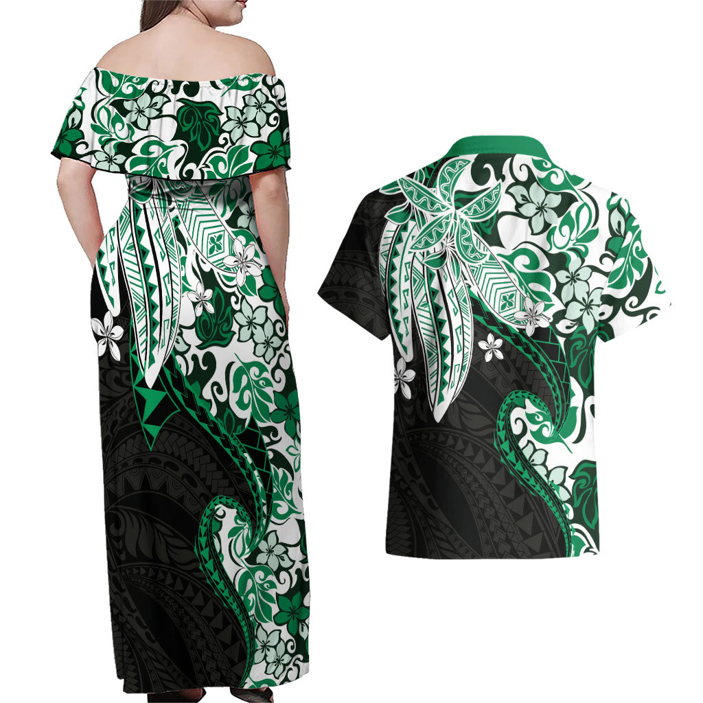Monstera Plumeria Flowers Green Couples Matching Off Shoulder Maxi Dress and Hawaiian Shirt Polynesian Pattern LT01 - Polynesian Pride