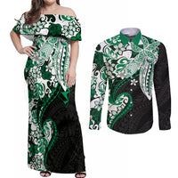 Monstera Plumeria Flowers Green Couples Matching Off Shoulder Maxi Dress and Long Sleeve Button Shirt Polynesian Pattern