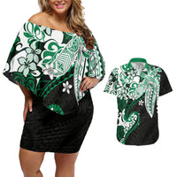 Monstera Plumeria Flowers Green Couples Matching Off Shoulder Short Dress and Hawaiian Shirt Polynesian Pattern LT01 Green - Polynesian Pride