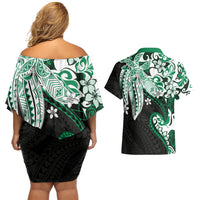 Monstera Plumeria Flowers Green Couples Matching Off Shoulder Short Dress and Hawaiian Shirt Polynesian Pattern LT01 - Polynesian Pride