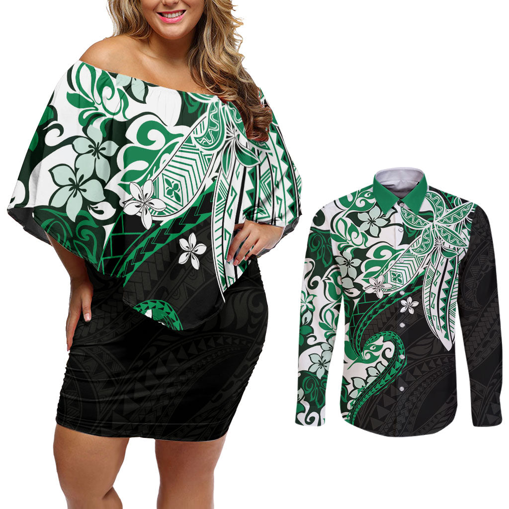 Monstera Plumeria Flowers Green Couples Matching Off Shoulder Short Dress and Long Sleeve Button Shirt Polynesian Pattern