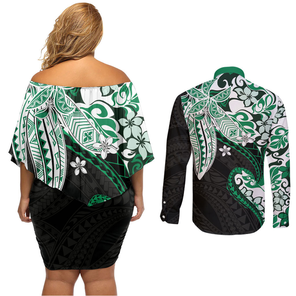 Monstera Plumeria Flowers Green Couples Matching Off Shoulder Short Dress and Long Sleeve Button Shirt Polynesian Pattern