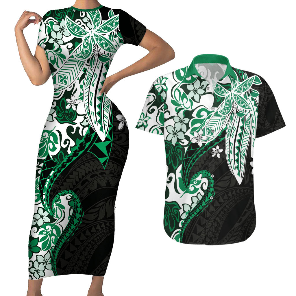Monstera Plumeria Flowers Green Couples Matching Short Sleeve Bodycon Dress and Hawaiian Shirt Polynesian Pattern LT01 Green - Polynesian Pride