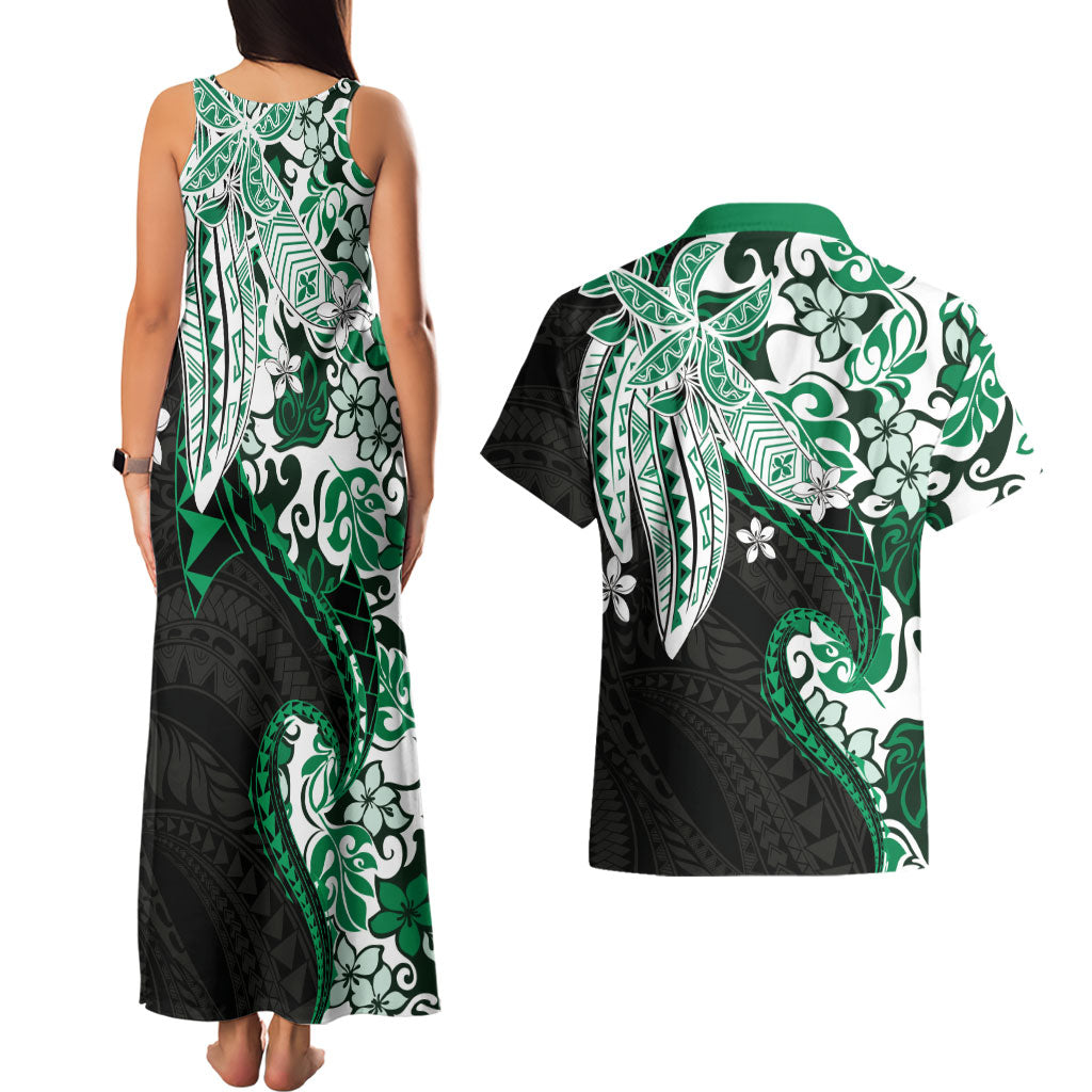Monstera Plumeria Flowers Green Couples Matching Tank Maxi Dress and Hawaiian Shirt Polynesian Pattern LT01 - Polynesian Pride