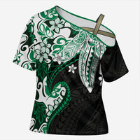 Monstera Plumeria Flowers Green Cross Shoulder Shirt Polynesian Pattern