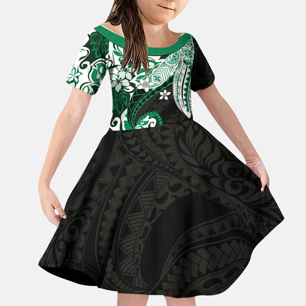 Monstera Plumeria Flowers Green Family Matching Off The Shoulder Long Sleeve Dress and Hawaiian Shirt Polynesian Pattern