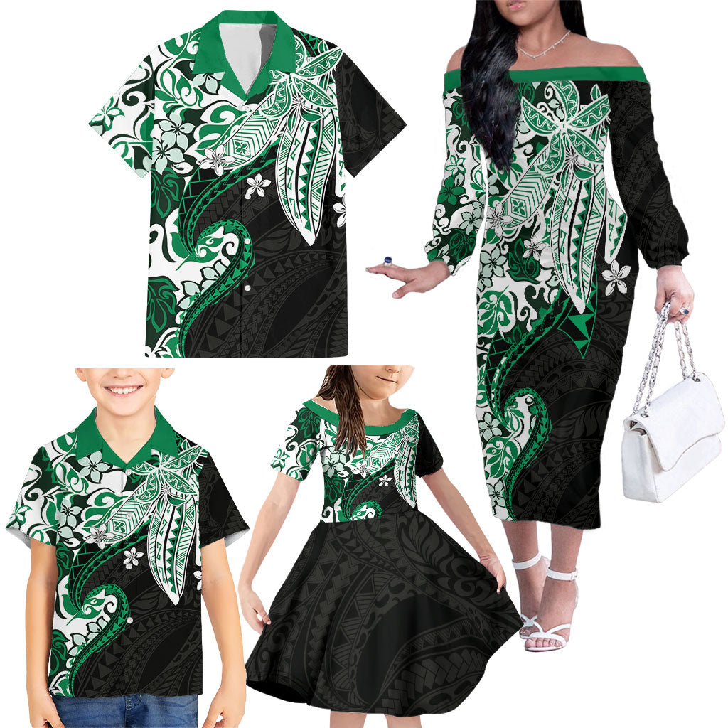 Monstera Plumeria Flowers Green Family Matching Off The Shoulder Long Sleeve Dress and Hawaiian Shirt Polynesian Pattern