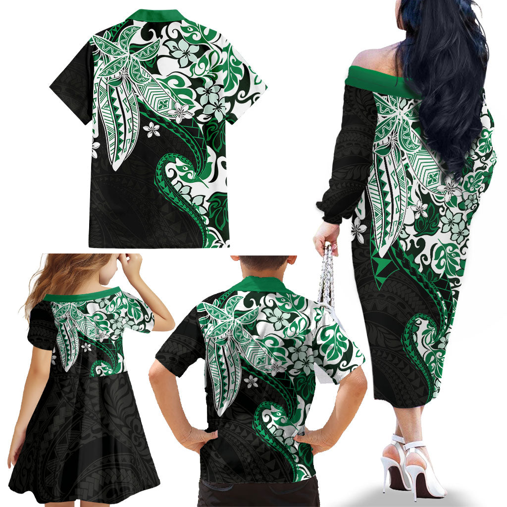 Monstera Plumeria Flowers Green Family Matching Off The Shoulder Long Sleeve Dress and Hawaiian Shirt Polynesian Pattern