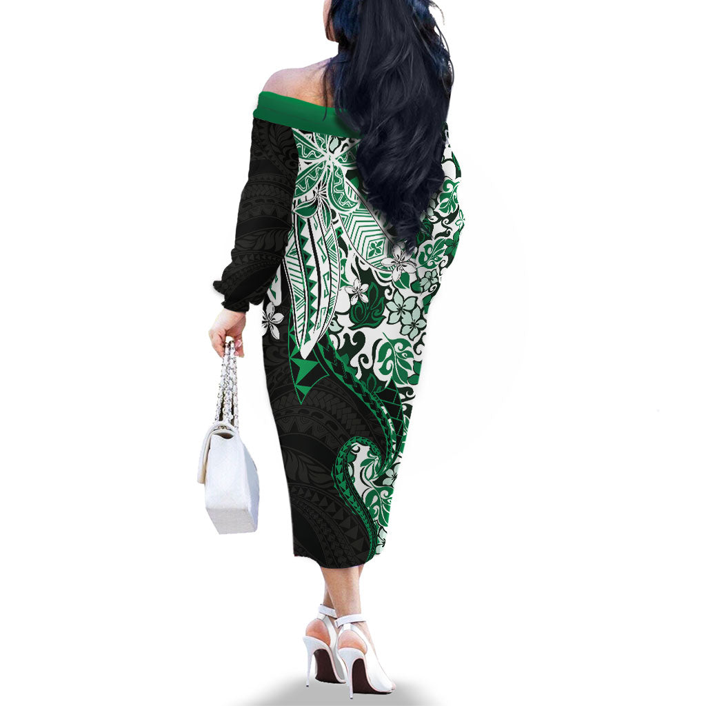 Monstera Plumeria Flowers Green Family Matching Off The Shoulder Long Sleeve Dress and Hawaiian Shirt Polynesian Pattern