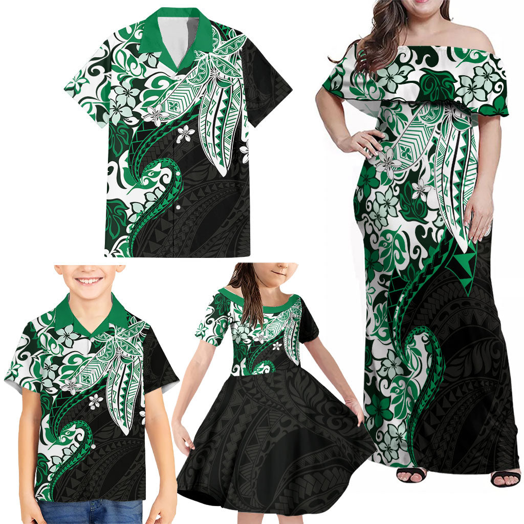 Monstera Plumeria Flowers Green Family Matching Off Shoulder Maxi Dress and Hawaiian Shirt Polynesian Pattern