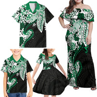 Monstera Plumeria Flowers Green Family Matching Off Shoulder Maxi Dress and Hawaiian Shirt Polynesian Pattern LT01 - Polynesian Pride