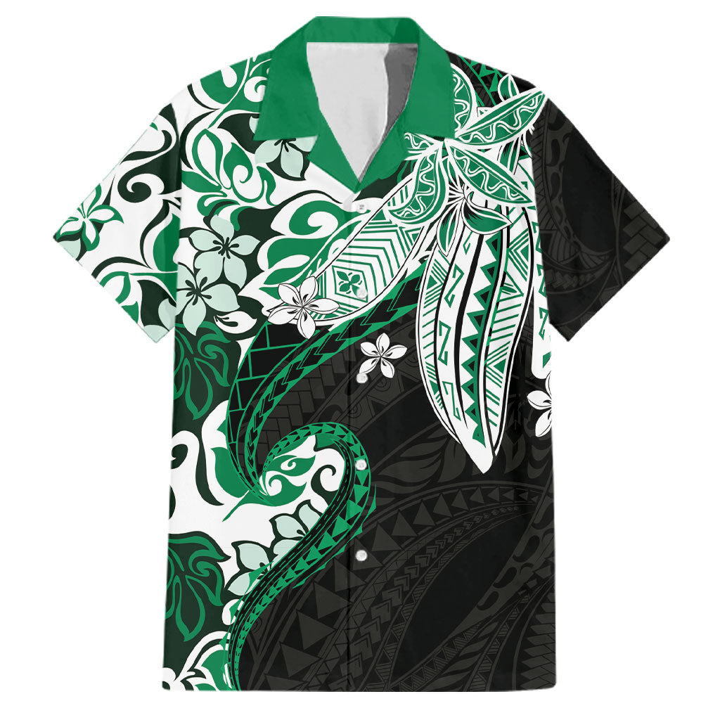 Monstera Plumeria Flowers Green Family Matching Off Shoulder Maxi Dress and Hawaiian Shirt Polynesian Pattern LT01 Dad's Shirt - Short Sleeve Green - Polynesian Pride