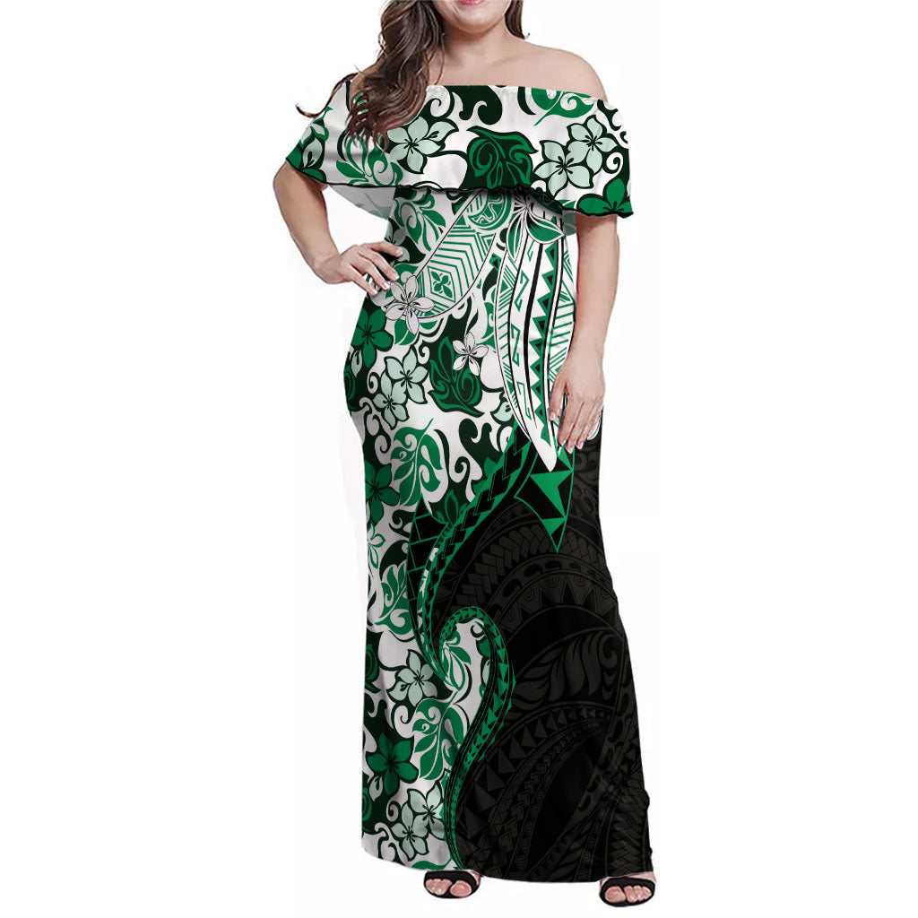 Monstera Plumeria Flowers Green Family Matching Off Shoulder Maxi Dress and Hawaiian Shirt Polynesian Pattern LT01 Mom's Dress Green - Polynesian Pride
