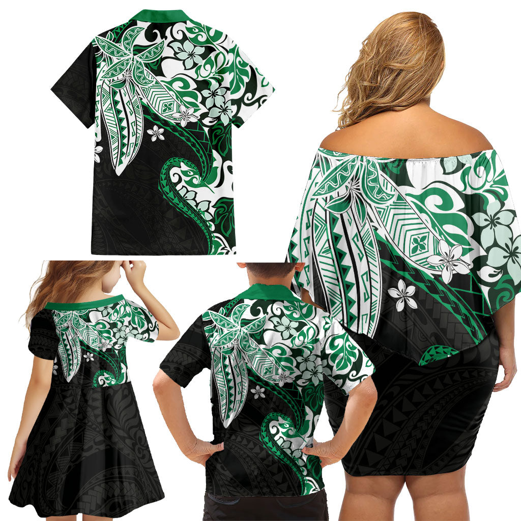 Monstera Plumeria Flowers Green Family Matching Off Shoulder Short Dress and Hawaiian Shirt Polynesian Pattern LT01 - Polynesian Pride
