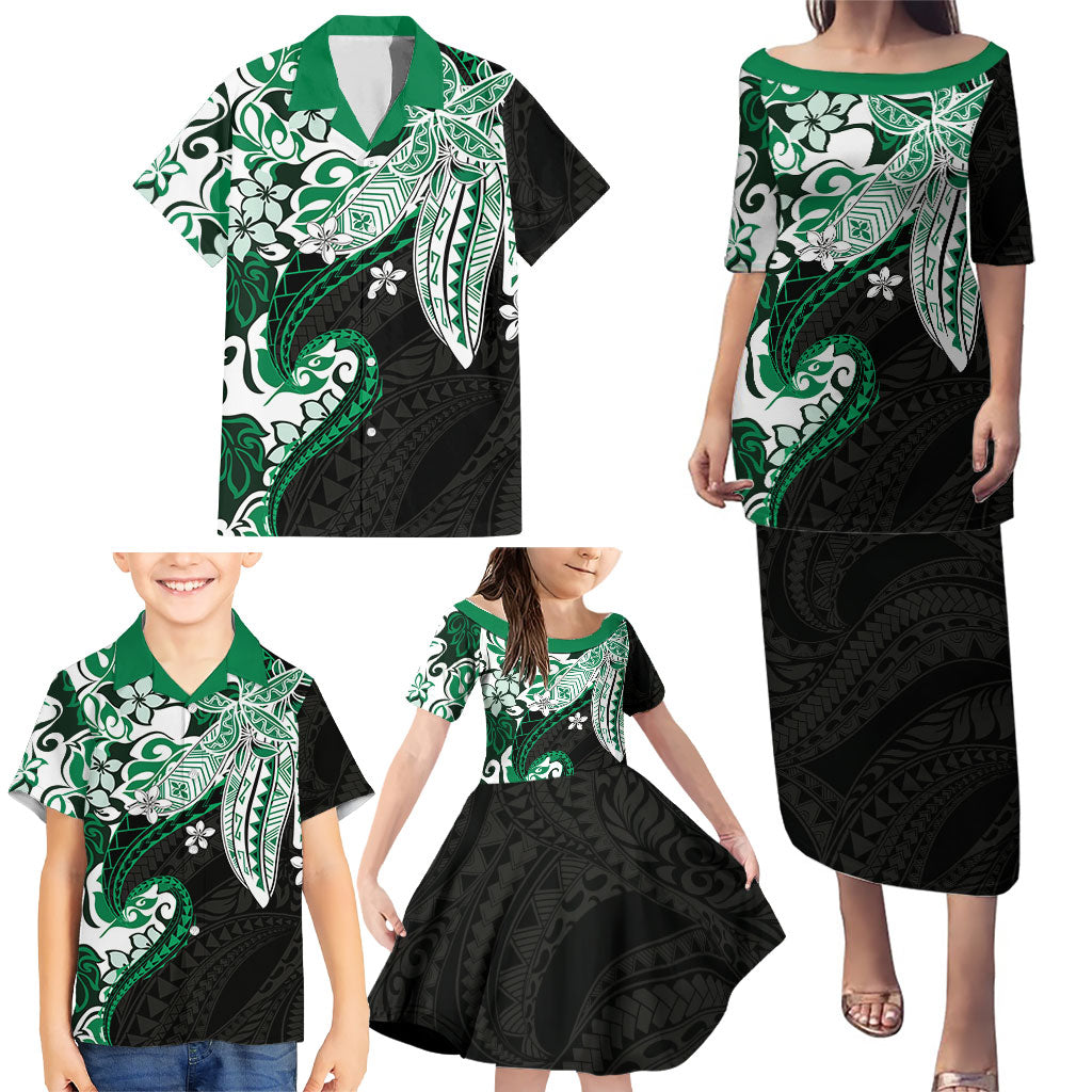 Monstera Plumeria Flowers Green Family Matching Puletasi and Hawaiian Shirt Polynesian Pattern LT01 - Polynesian Pride