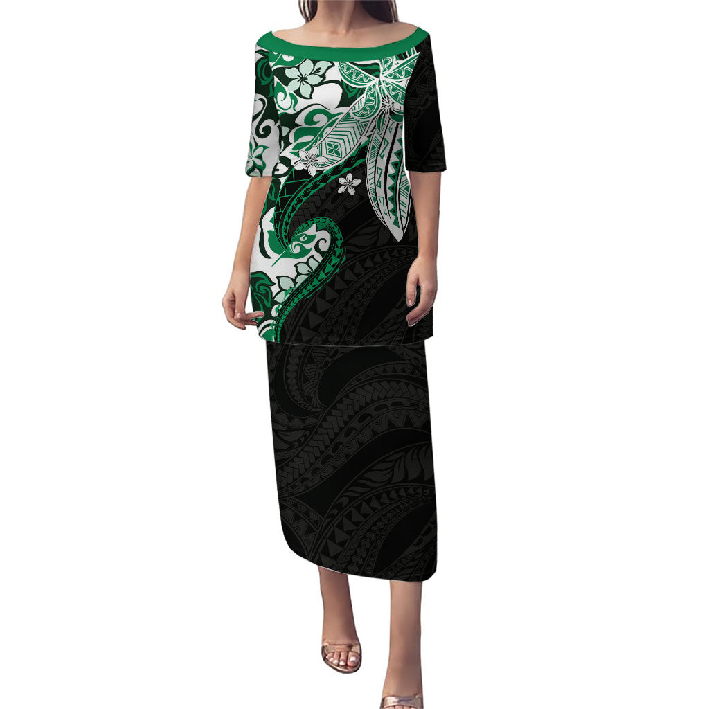 Monstera Plumeria Flowers Green Family Matching Puletasi and Hawaiian Shirt Polynesian Pattern LT01 Mom's Dress Green - Polynesian Pride