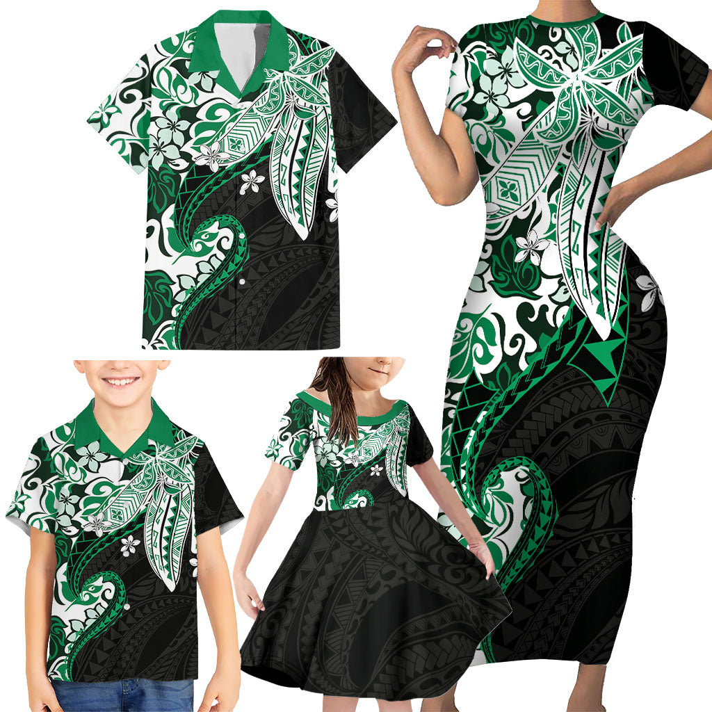 Monstera Plumeria Flowers Green Family Matching Short Sleeve Bodycon Dress and Hawaiian Shirt Polynesian Pattern