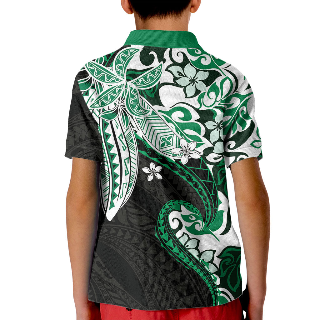 Monstera Plumeria Flowers Green Kid Polo Shirt Polynesian Pattern
