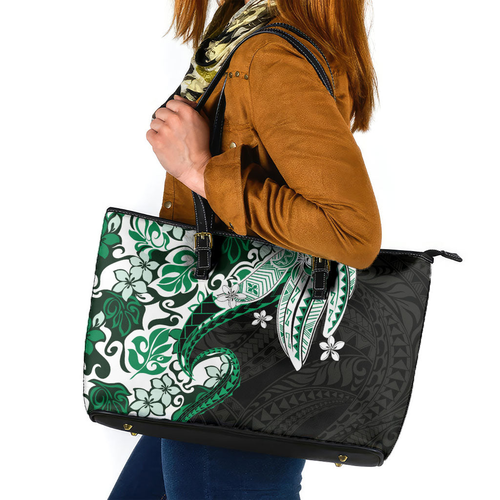 Monstera Plumeria Flowers Green Leather Tote Bag Polynesian Pattern LT01 Green - Polynesian Pride
