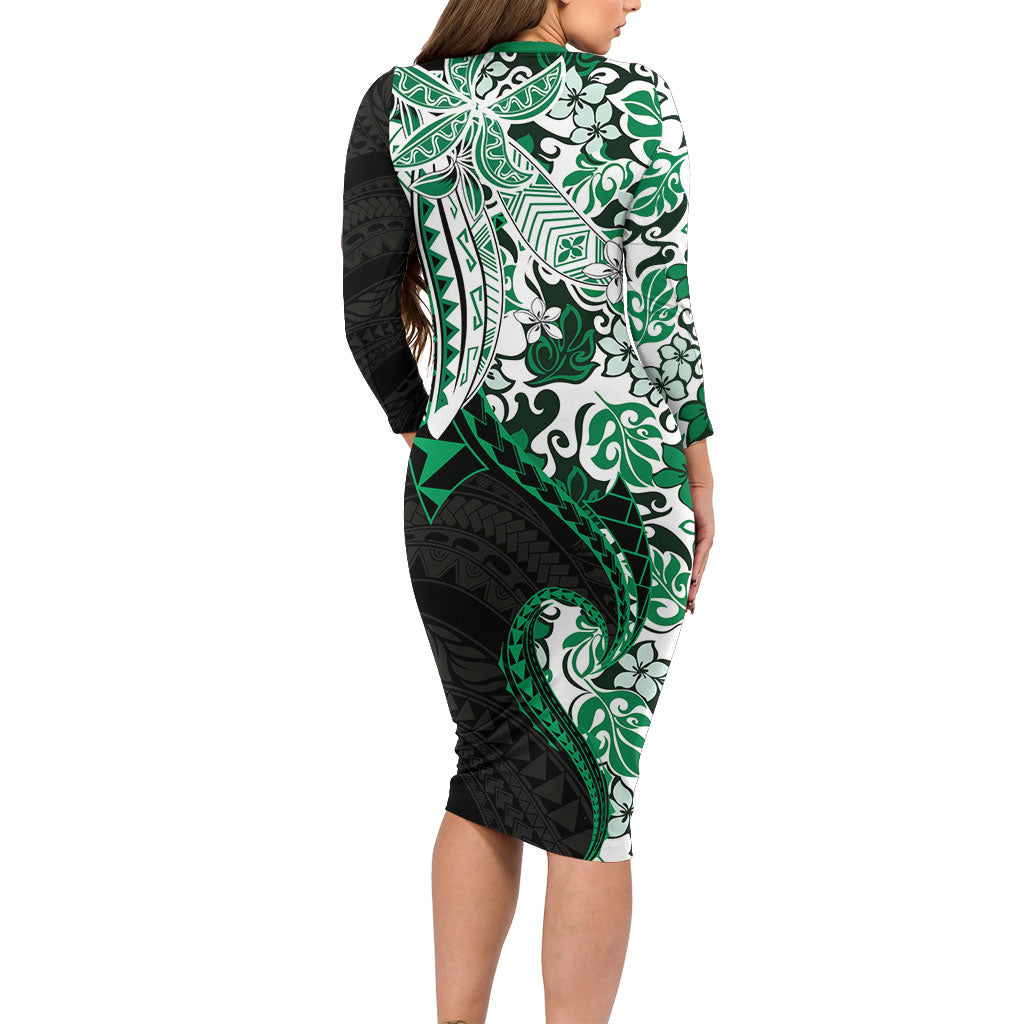 Monstera Plumeria Flowers Green Long Sleeve Bodycon Dress Polynesian Pattern