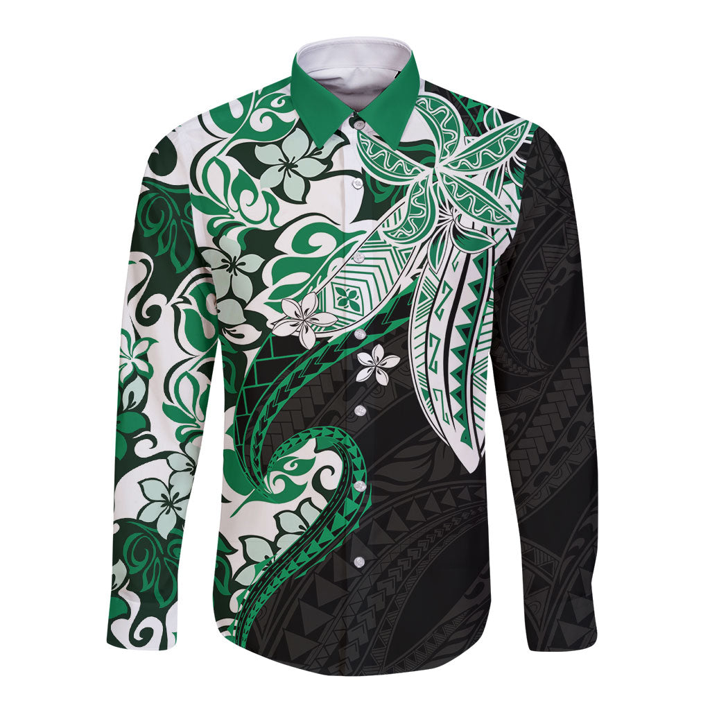 Monstera Plumeria Flowers Green Long Sleeve Button Shirt Polynesian Pattern