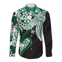 Monstera Plumeria Flowers Green Long Sleeve Button Shirt Polynesian Pattern
