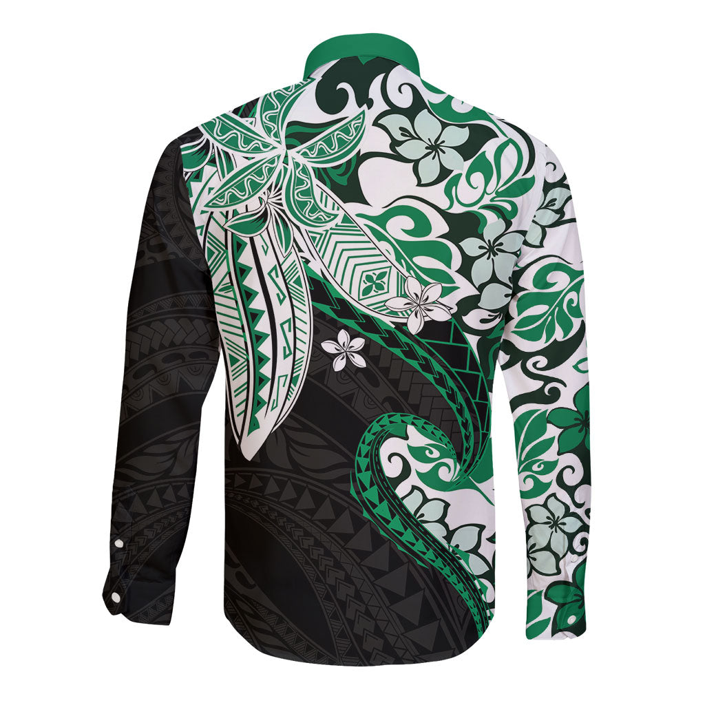 Monstera Plumeria Flowers Green Long Sleeve Button Shirt Polynesian Pattern