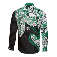 Monstera Plumeria Flowers Green Long Sleeve Button Shirt Polynesian Pattern