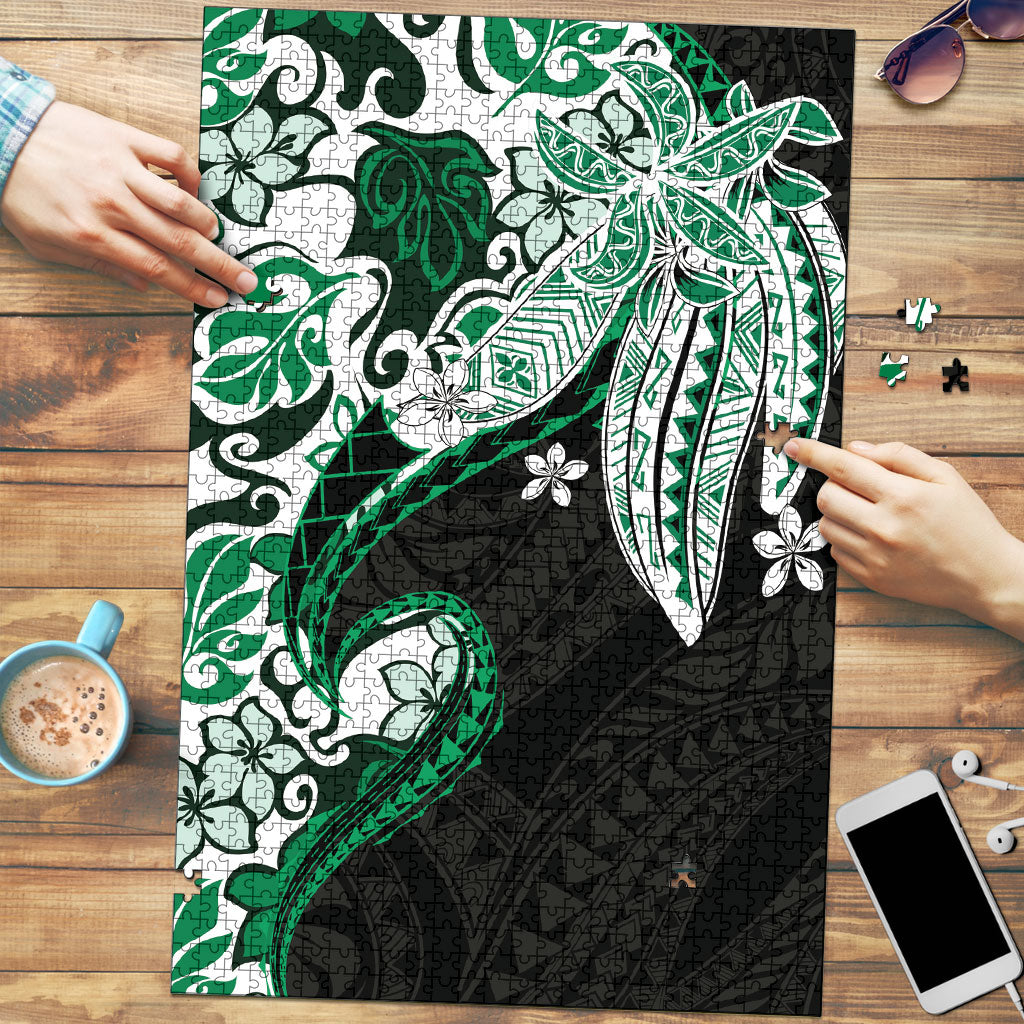 Monstera Plumeria Flowers Green Puzzle Polynesian Pattern LT01 Green - Polynesian Pride