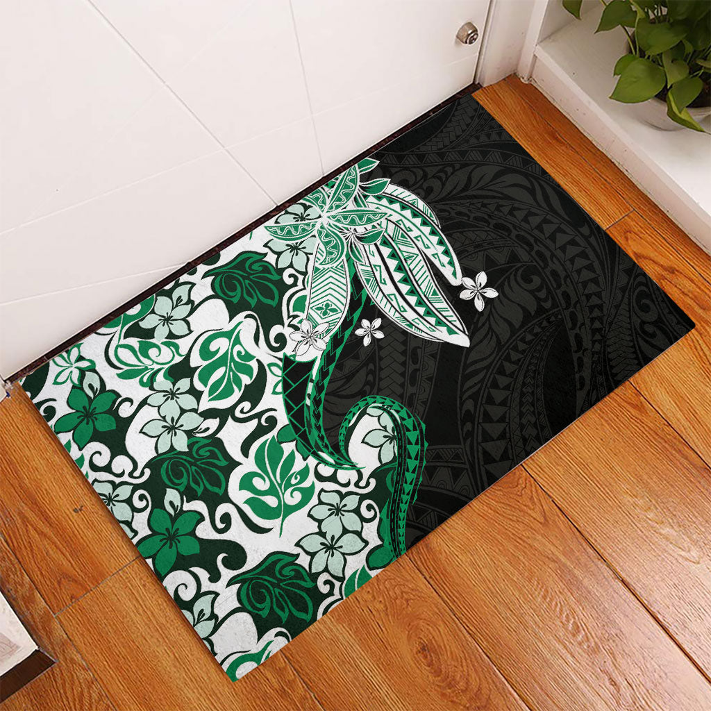 Monstera Plumeria Flowers Green Rubber Doormat Polynesian Pattern