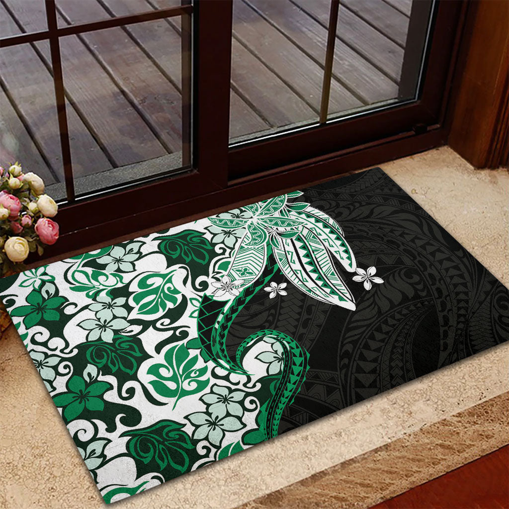 Monstera Plumeria Flowers Green Rubber Doormat Polynesian Pattern