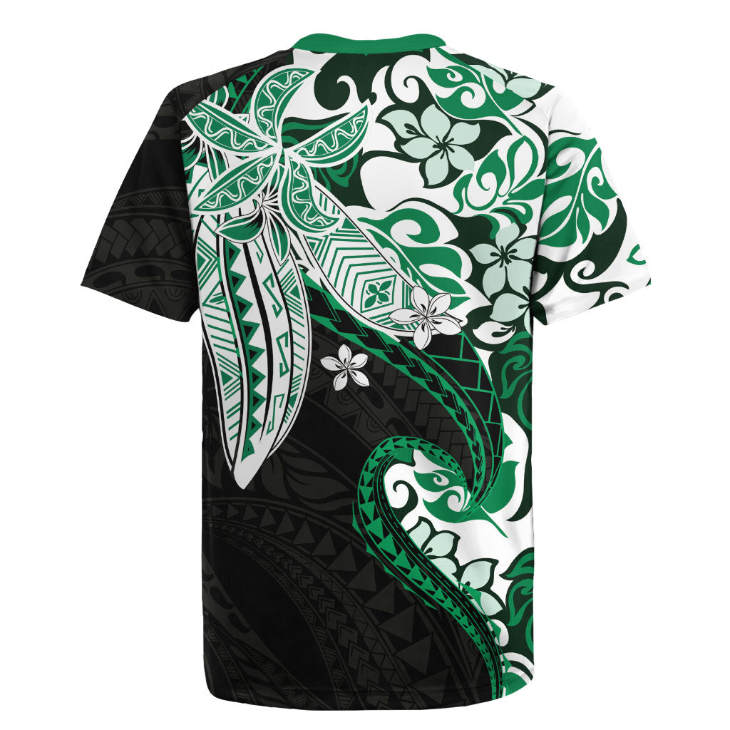 Monstera Plumeria Flowers Green Rugby Jersey Polynesian Pattern