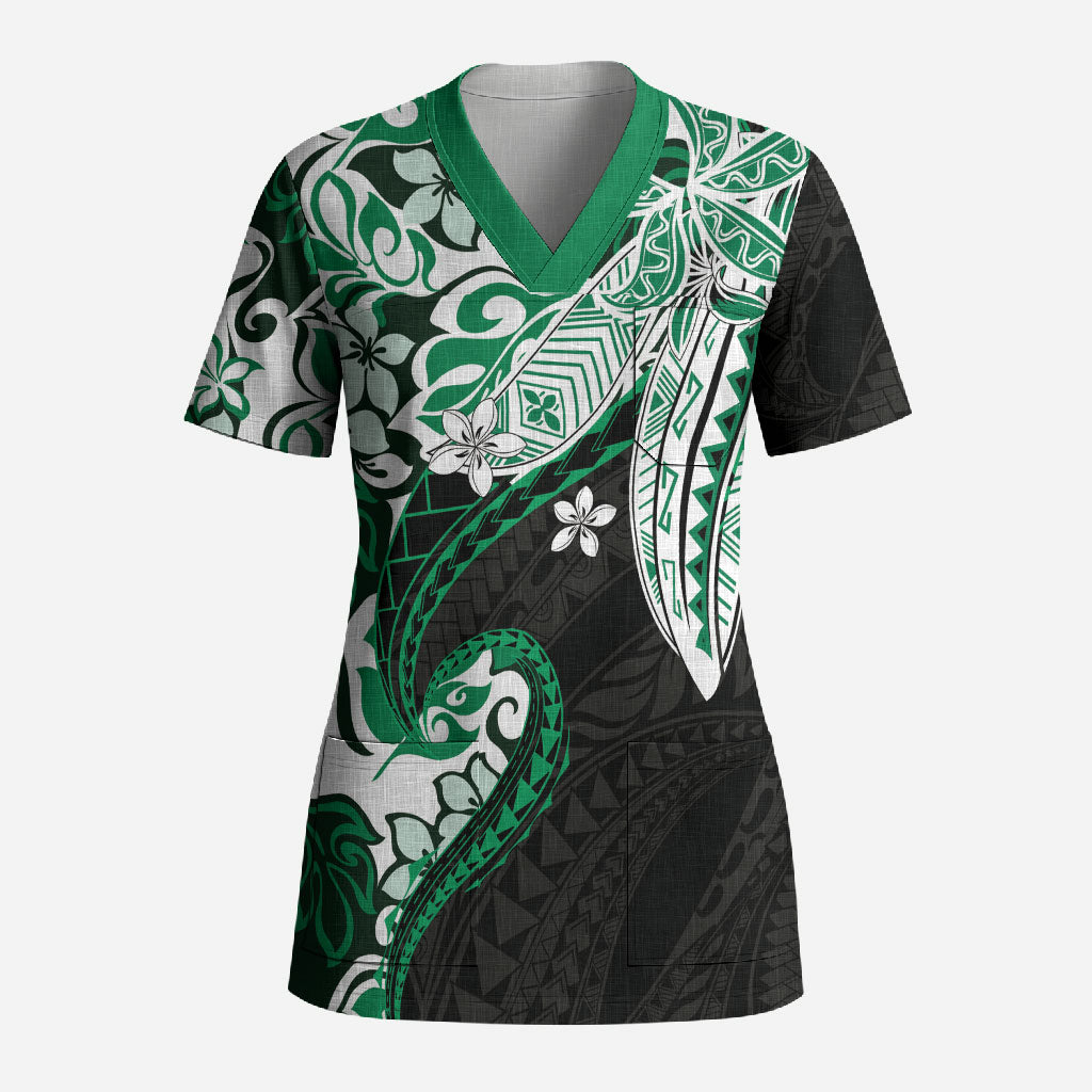 Monstera Plumeria Flowers Green Scrub Top Polynesian Pattern LT01 Adult Green - Polynesian Pride