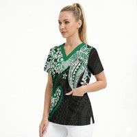 Monstera Plumeria Flowers Green Scrub Top Polynesian Pattern LT01 - Polynesian Pride
