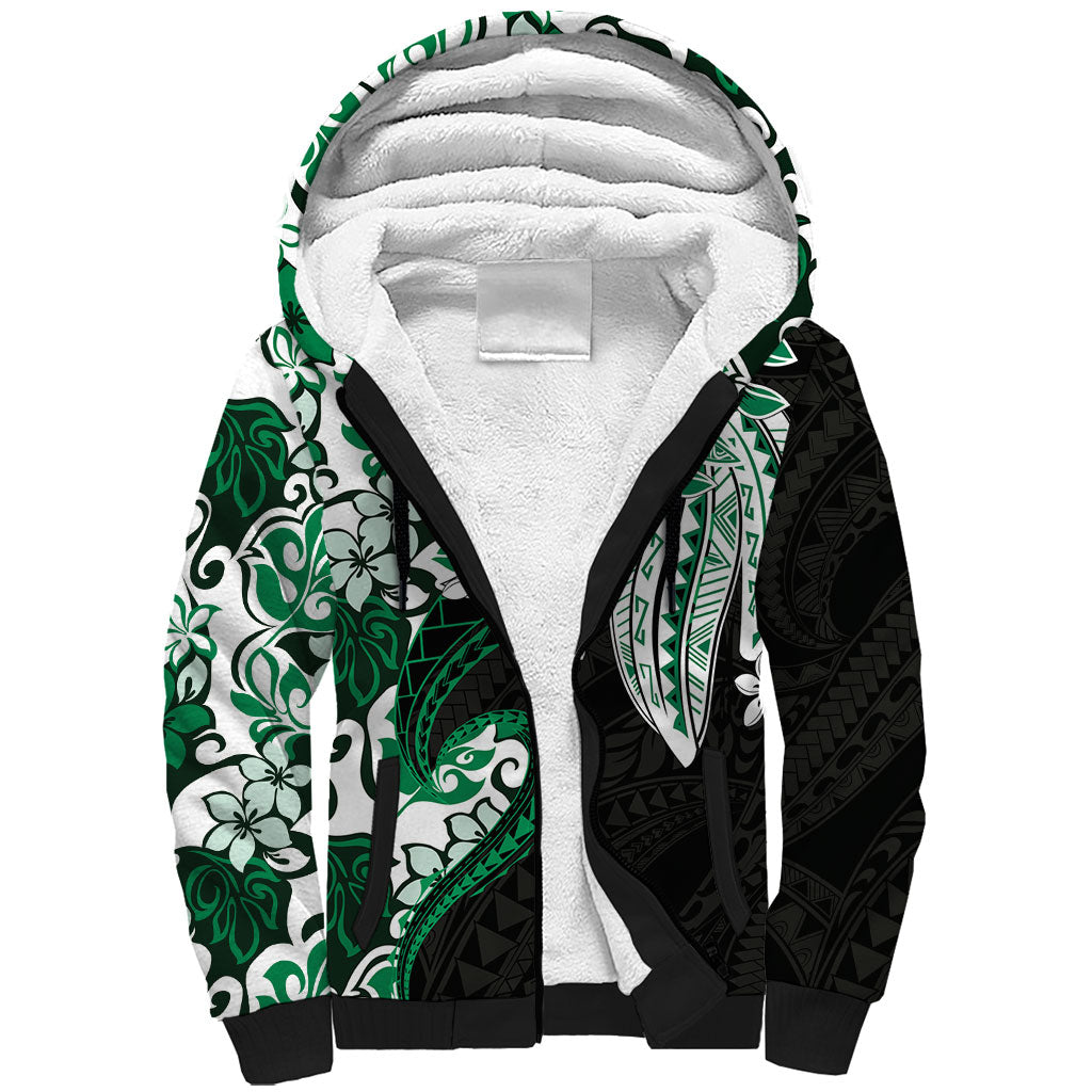 Monstera Plumeria Flowers Green Sherpa Hoodie Polynesian Pattern LT01 Unisex Green - Polynesian Pride