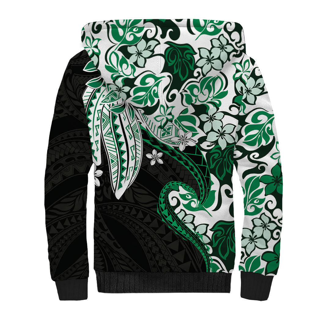 Monstera Plumeria Flowers Green Sherpa Hoodie Polynesian Pattern