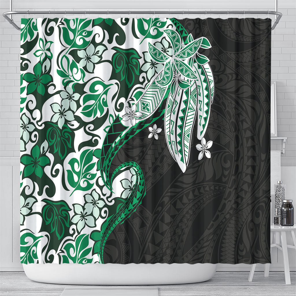 Monstera Plumeria Flowers Green Shower Curtain Polynesian Pattern