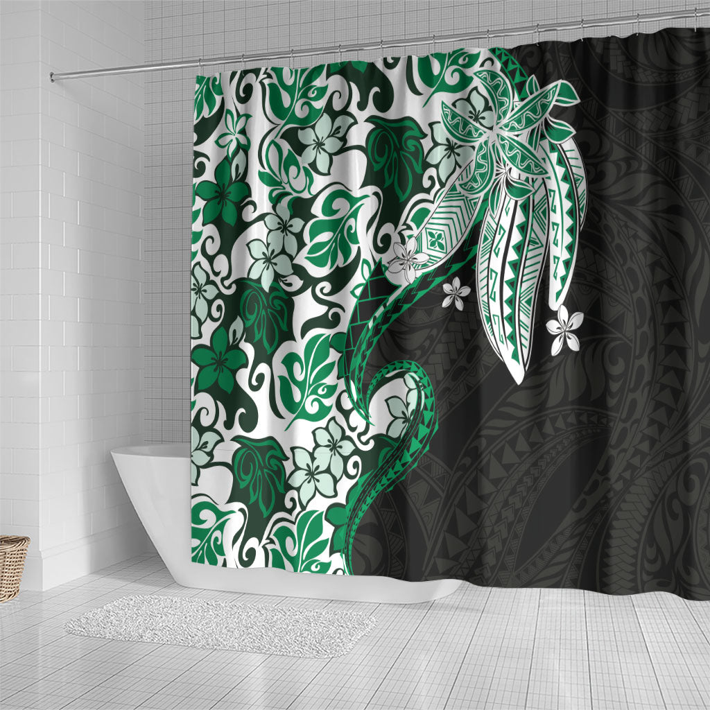 Monstera Plumeria Flowers Green Shower Curtain Polynesian Pattern