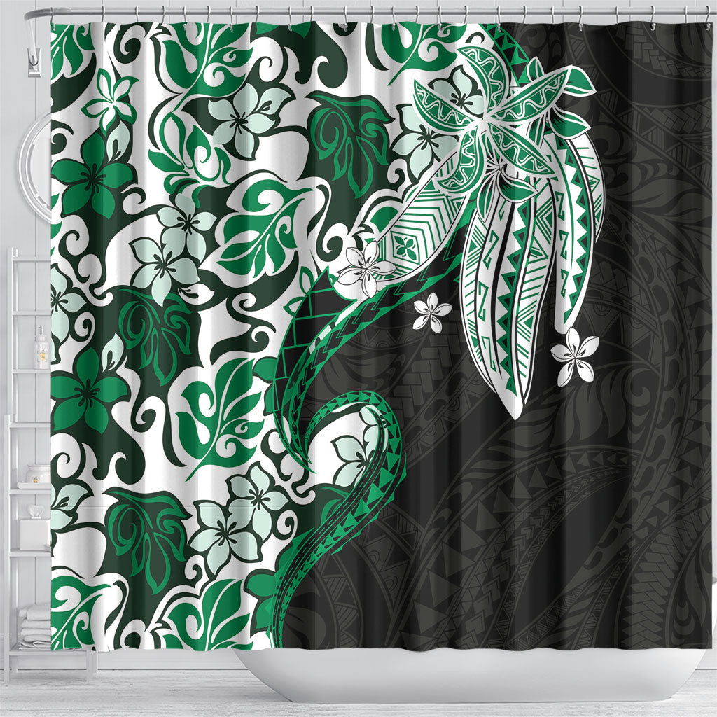 Monstera Plumeria Flowers Green Shower Curtain Polynesian Pattern