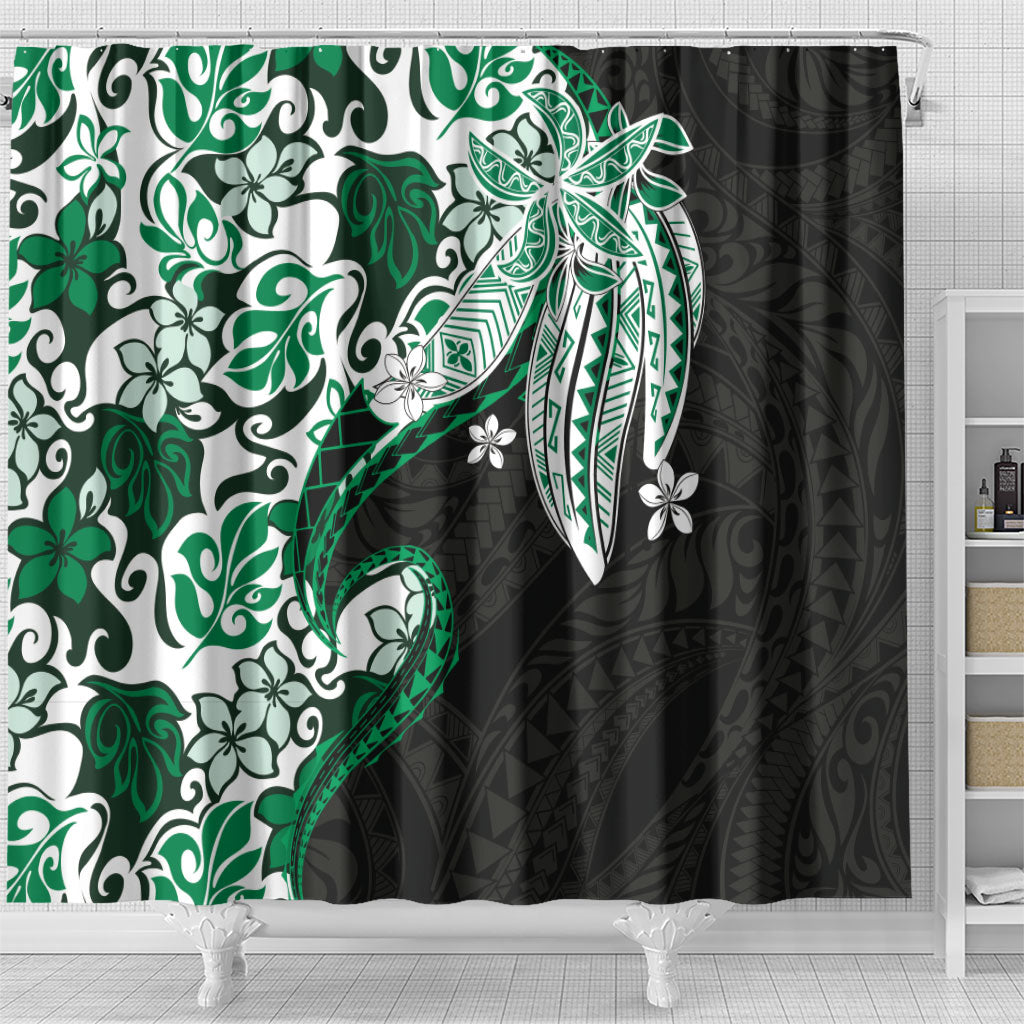 Monstera Plumeria Flowers Green Shower Curtain Polynesian Pattern