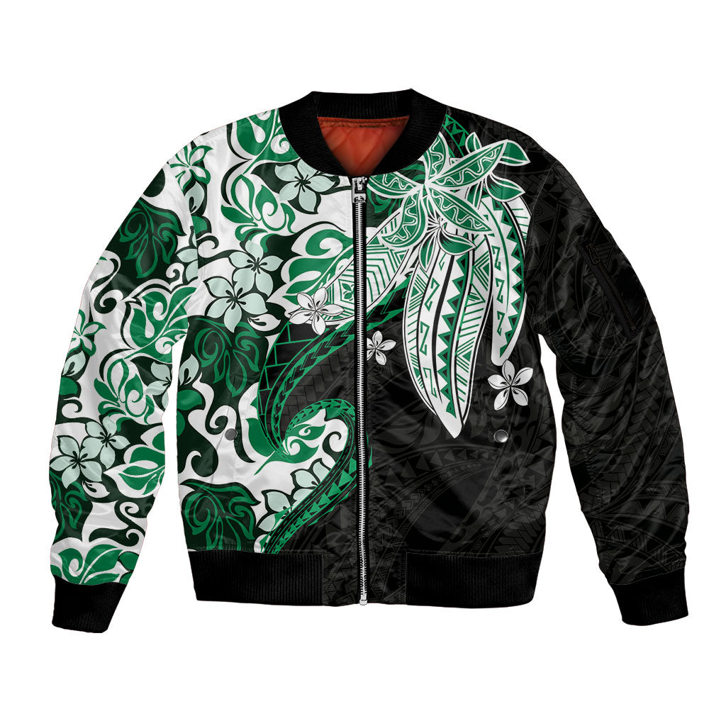 Monstera Plumeria Flowers Green Sleeve Zip Bomber Jacket Polynesian Pattern LT01 Unisex Green - Polynesian Pride