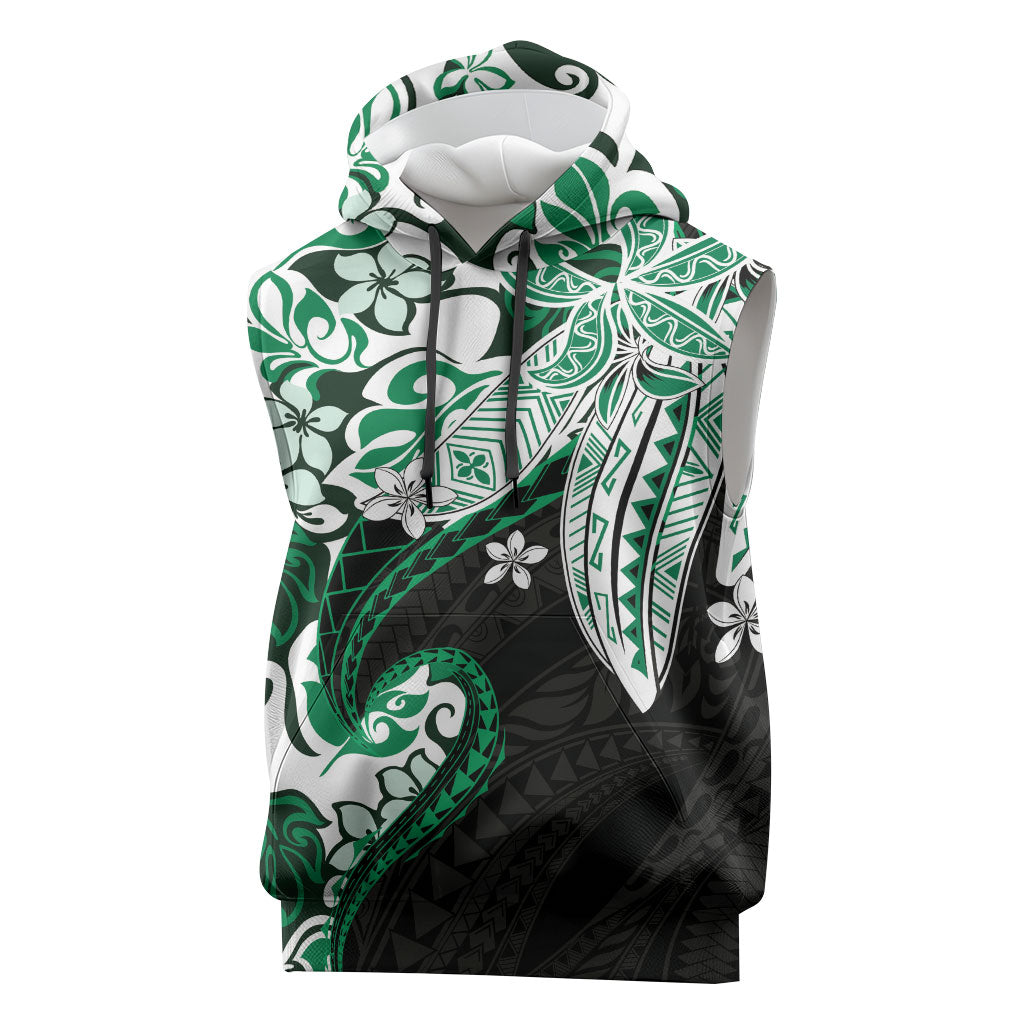 Monstera Plumeria Flowers Green Sleeveless Hoodie Polynesian Pattern LT01 Green - Polynesian Pride