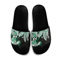 Monstera Plumeria Flowers Green Slide Sandals Polynesian Pattern