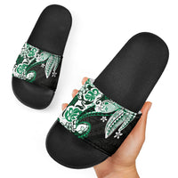 Monstera Plumeria Flowers Green Slide Sandals Polynesian Pattern