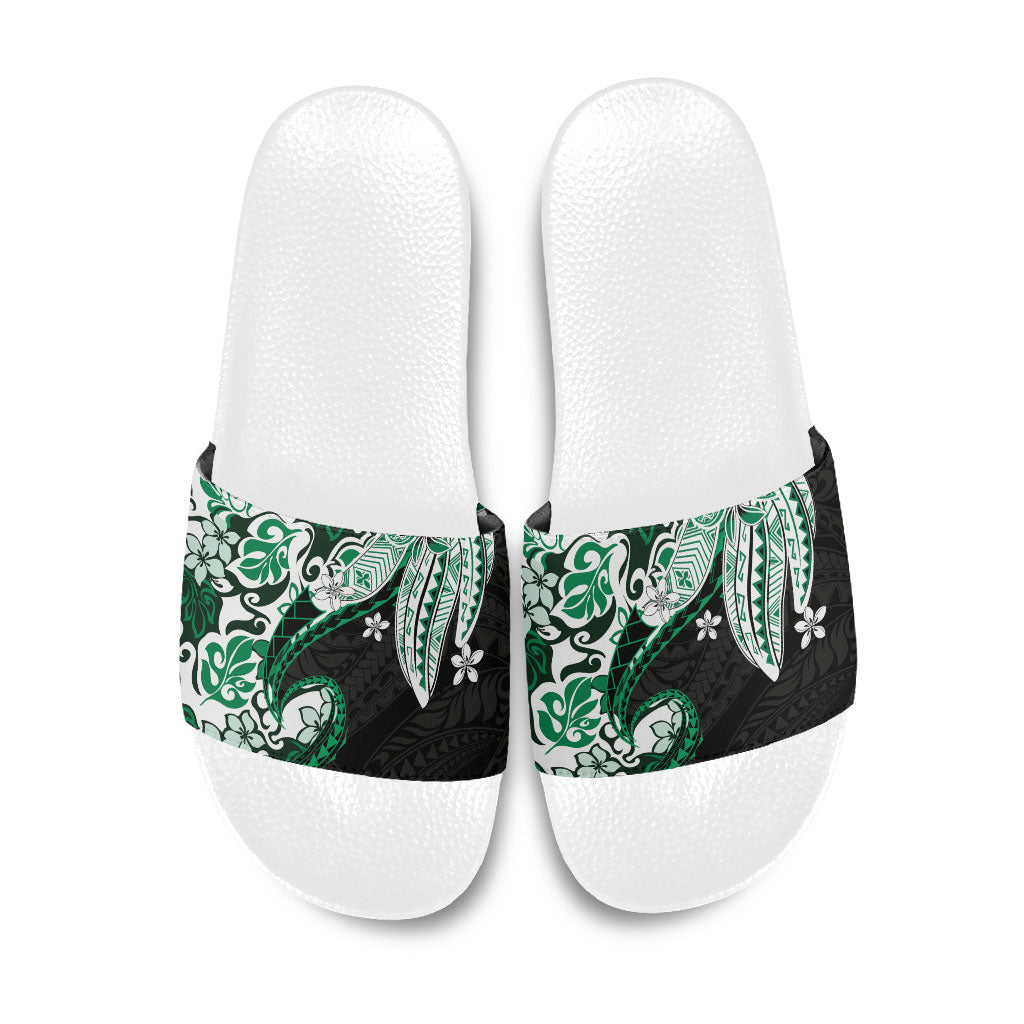 Monstera Plumeria Flowers Green Slide Sandals Polynesian Pattern