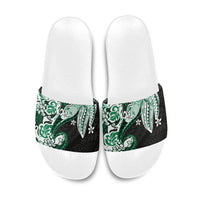 Monstera Plumeria Flowers Green Slide Sandals Polynesian Pattern