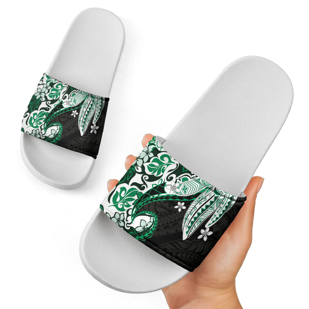 Monstera Plumeria Flowers Green Slide Sandals Polynesian Pattern