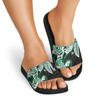 Monstera Plumeria Flowers Green Slide Sandals Polynesian Pattern